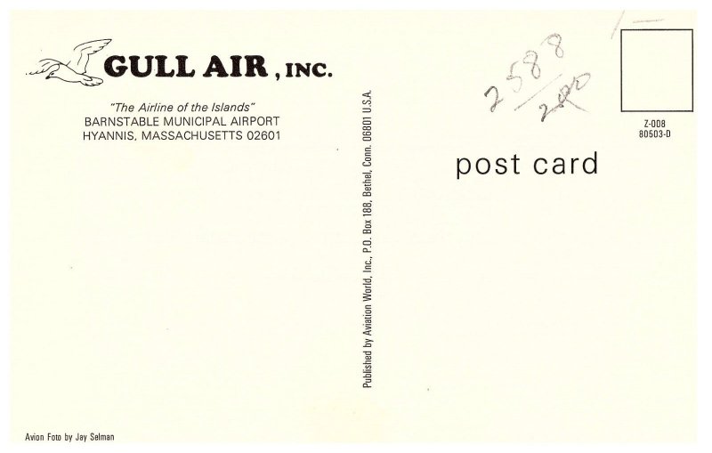 Gull Air The Airline of the Islands Hyannis MA Airplane Postcard