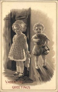 Valentine Little Girl and Dolly Waits to Surprise Brother c1910 Postcard