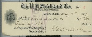 1907 R.F. Strickland Co. Concord Ga Check $7.75 Will Hill Newton Co. A10