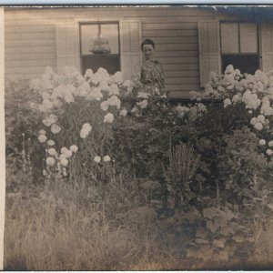 c1910s Lovely Outdoor Garden RPPC Woman Lady House Flowers Real Photo Cute A160