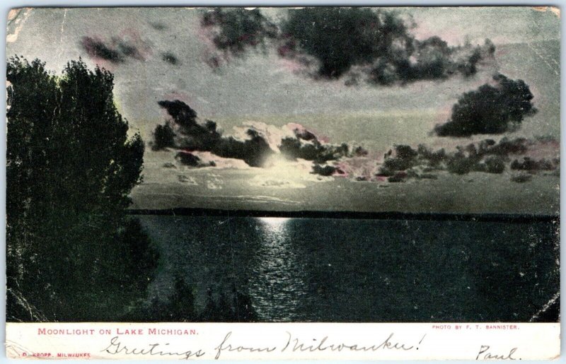 1907 Lake Michigan Moonlight Glowing Clouds RARE F.T. Bannister Postcard A64