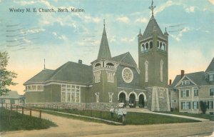Bath Maine Wesley ME Church, People  1927 Litho Postcard Used
