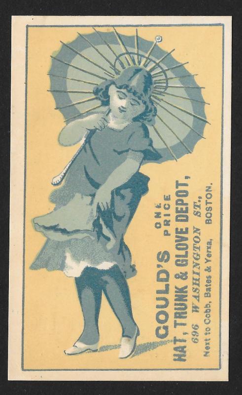 VICTORIAN TRADE CARD Goulds Hats, Trunks & Gloves Girl with Umbrella