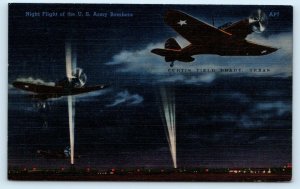 CURTIS FIELD, Brady Texas TX ~ Army Bombers NIGHT FLIGHT WWII Era 1940s Postcard