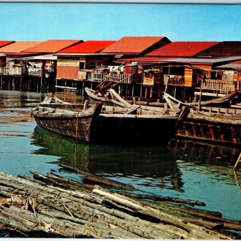 c1960s Penang, Malaysia Riverine Kampong Chrome Photo Postcard Boat Malay A66 