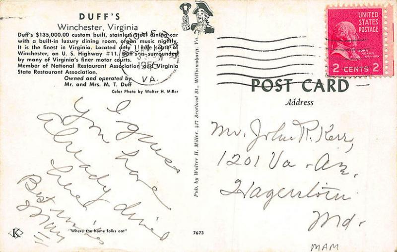 Winchester VA Duff's Diner 1955 Inset Old Cars Postcard