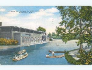 Linen SMALL BOATS AT PAVILION IN WASHINGTON PARK Milwaukee Wisconsin WI c8893