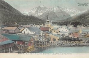 SITKA ALASKA AND SEVEN SISTERS PEAKS STEAMSHIP HAND COLORED POSTCARD (c. 1910)