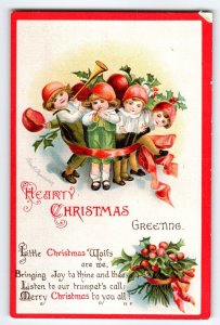 Christmas Postcard Ellen Clapsaddle Signed Children Matching Hats Horns 1883
