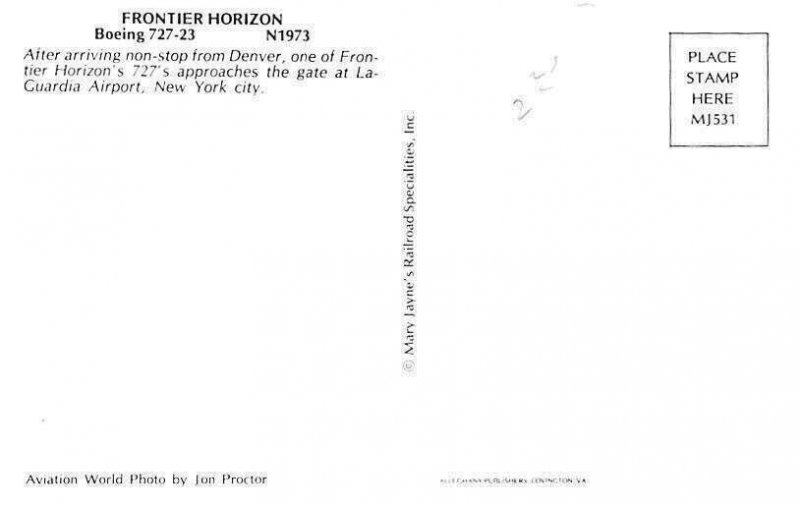 Airline Postcards    FRONTIER HORIZON   Boeing 727-23   N1973  