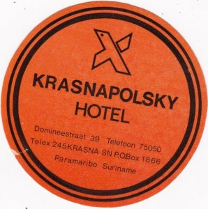 Suriname Paramaribo Krasnapolsky Hotel Vintage Luggage Label sk1994