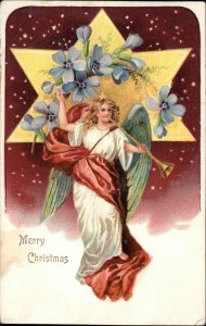 Christmas Little Girl Angel Blowing Horn c1910 Vintage Postcard