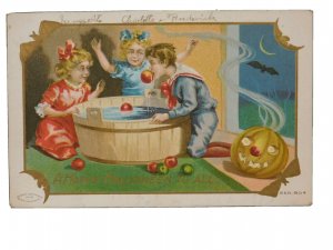 1909 Halloween Postcard Children Bobbing for Apples with Jack-O'-Lantern, Bat