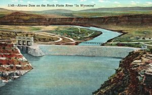 Vintage Postcard Alcova Dam On North Earth & Rock Fill Platte River In Wyoming