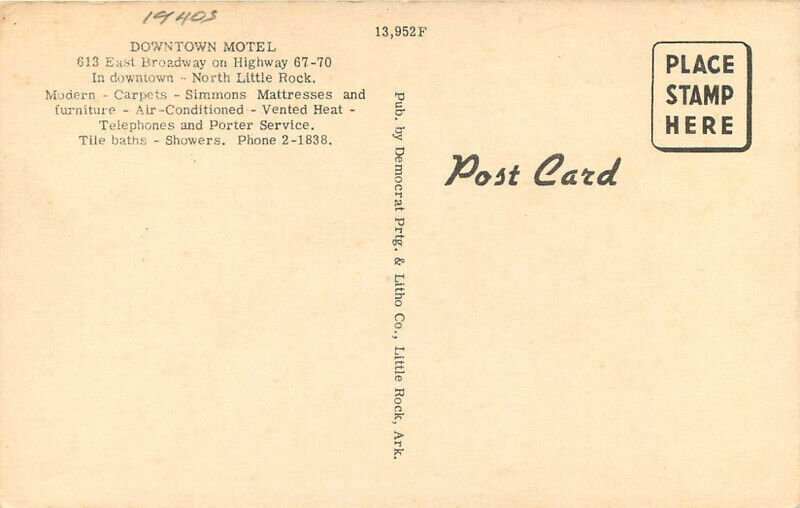 Arkansas Little Rock Downtown Motel autos Democrat linen 1940s Postcard 22-10818