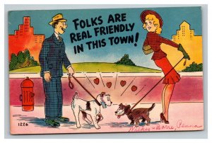 Vintage 1921 Comic Postcard Man Flirts with Beautiful Lady and her Dog