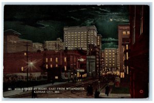 Kansas City Missouri MO Postcard Street By Night East From Wyandotie c1910s Moon