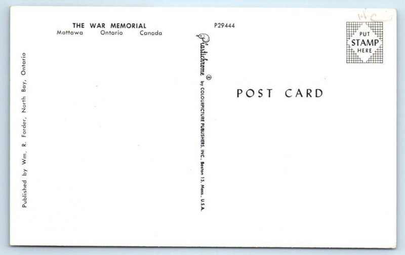 MATTAWA, Ontario Canada ~ WAR MEMORIAL ca 1960s Postcard