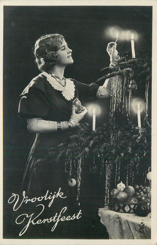 Netherlands 1938 Christmas tree lits greetings glamour lady real photo postcard 