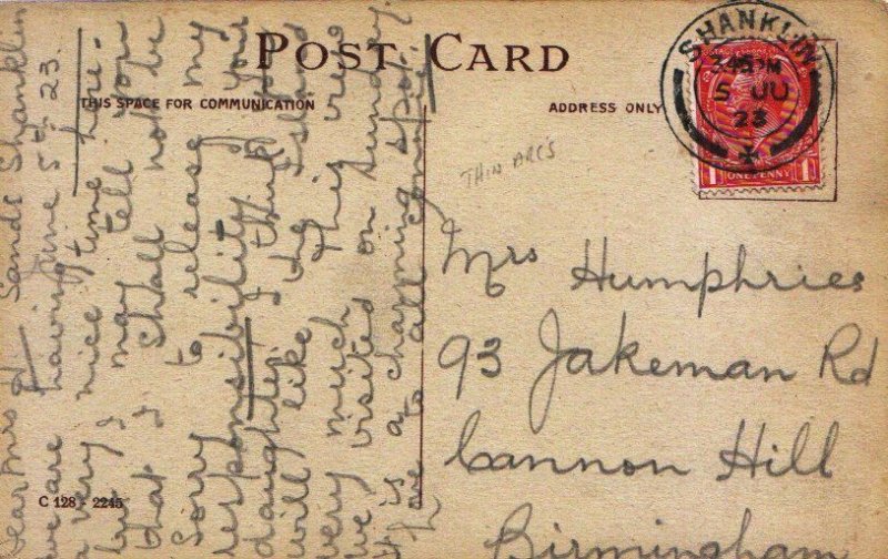 Genealogy Postcard - Humphries - Cannon Hill - Birmingham - Ref 3631A