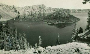 Postcard RPPC View of Wizard Island from Crater Lake, OR.  T7