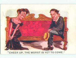 Pre-Linen comic WOMAN TELLS MAN TO CHEER UP - THE WORST IS YET TO COME J0896