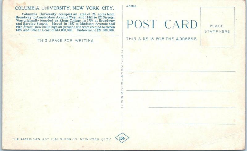 NEW YORK CITY, New York    COLUMBIA  UNIVERSITY   c1910s     Postcard