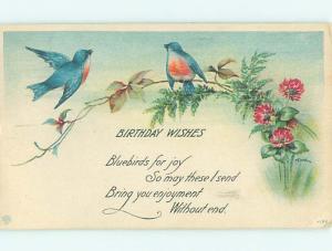 Pre-Linen signed DUIK - BEAUTIFUL BLUEBIRD BIRDS SITTING ON FLOWER BRANCH HJ4452