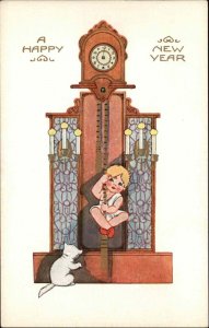 Whitney New Year Little Boy Hangs on Antique Grandfather Clock Vintage Postcard