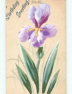 Unused Pre-1907 foreign ONE-OF-A-KIND HAND PAINTED PURPLE FLOWER k4091