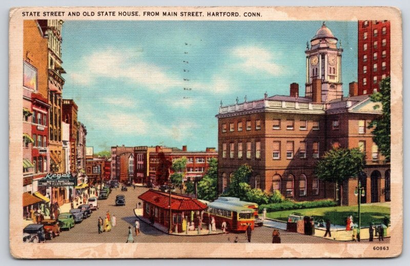 1938 State Street & Old House From Main St. Hartford Connecticut Posted Postcard
