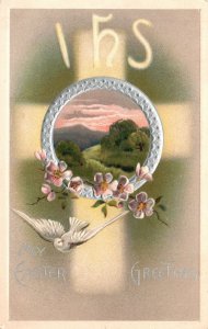 Vintage Postcard 1909 My Easter Iesus Hominum Salvator IHS White Bird Greetings