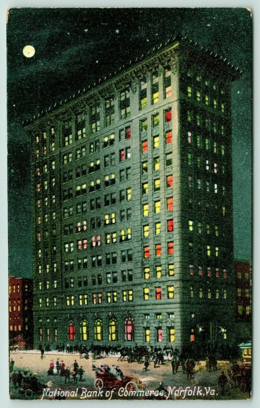 Norfolk Virginia~National Bank of Commerce @ Night~Colorful Windows~c1910 