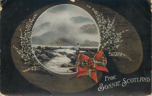 Postcard Frae Bonnie Scotland river rocky landscape fisherman bow surrealism