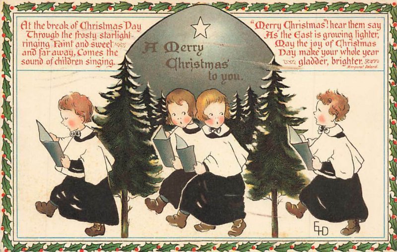 c1910 Children Choir Caroling Singing Trees Star Holly Border Christmas P353