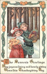 Thanksgiving Children With Fruit Basket Lovely Art c1910 Vintage Postcard
