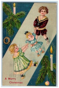 1907 Merry Christmas Children Fighting Doll Candle Lights Embossed Postcard