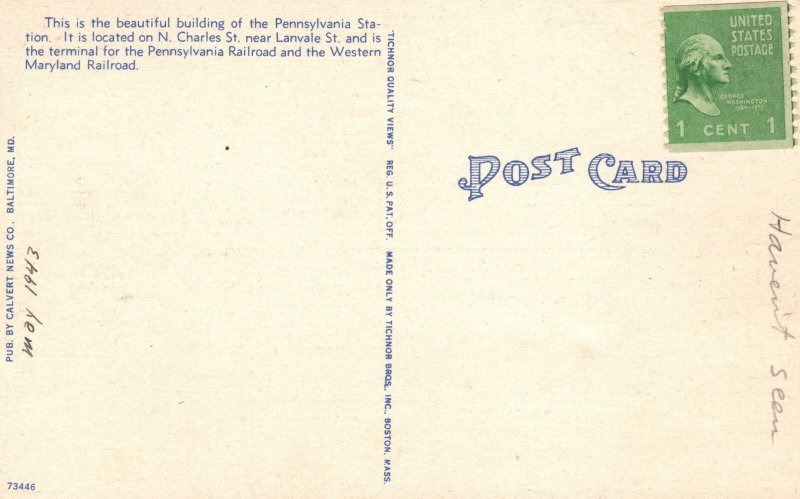 Vintage Postcard Pennsylvania Station Beautiful Building Baltimore Maryland MD