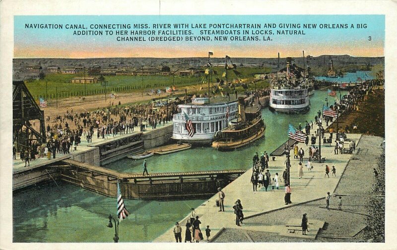 Postcard Navigation Canal Locks Mississippi River-Lake Ponchartrain LA Steamboat