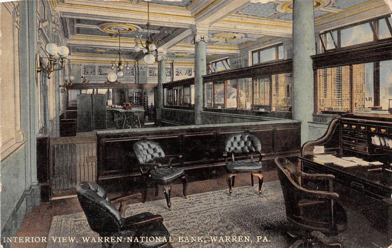 D10/ Warren Pennsylvania Pa Postcard 1912 Interior Warren National Bank