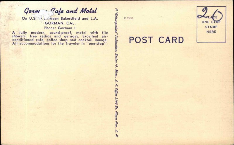 Gorman California CA Gorman Caf� and Motel Bus Cars Linen Vintage Postcard