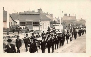 RPPC,  MEN In FORMAL DRESS With PARASOLS Parade~Early Car   ca1910's Postcard