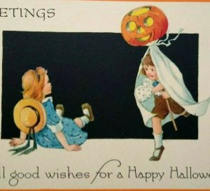 Vintage Halloween Postcard Gibson Checker Corners Unused Original Children Ghost