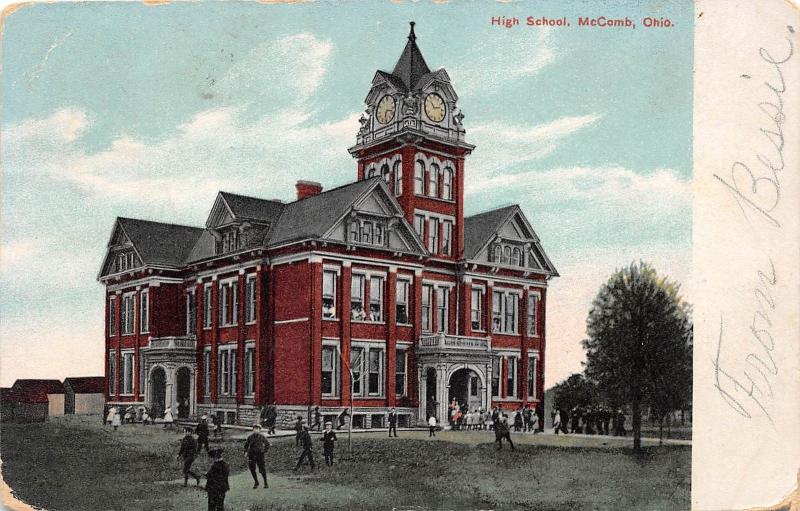 E24/ McComb Ohio Postcard 1908 High School Building Students