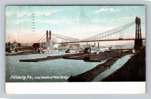 Pittsburg PA-Pennsylvania, Coal Boats Point Bridge Vintage c1908 Postcard 