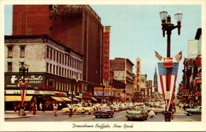 Postcard NY Buffalo Downtown Street View Drug Store Classic Cars 1958 V108