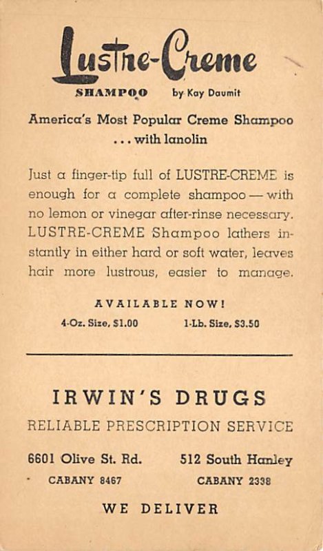 Lustre Cr??e Shampoo, Irwin's Drugs Advertising Unused 