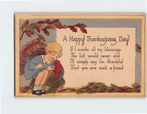 Postcard Thanksgiving Greeting Card with Poem and Girl Turkey Leaves Art Print