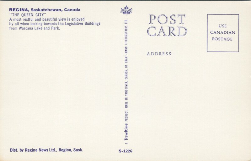 Regina Saskatchewan Legislative Buildings Wascana Lake Park Unused Postcard E99
