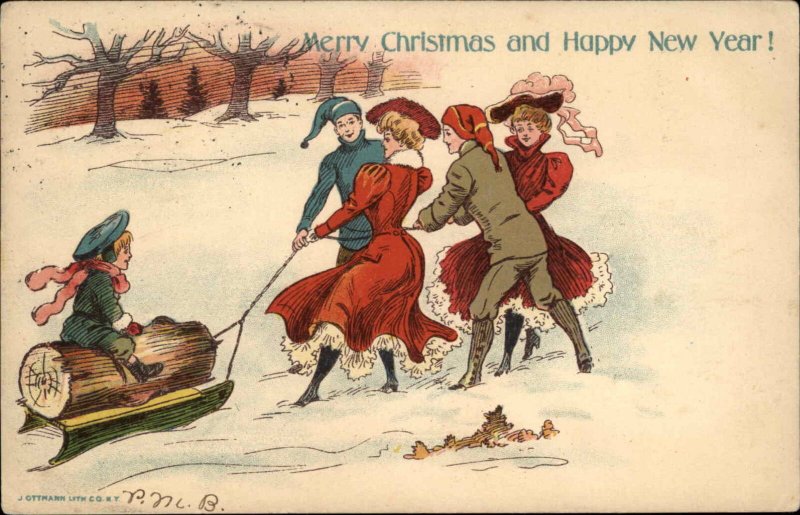 Christmas Young People Teens Pull Little Boy on Sled c1910 Vintage Postcard